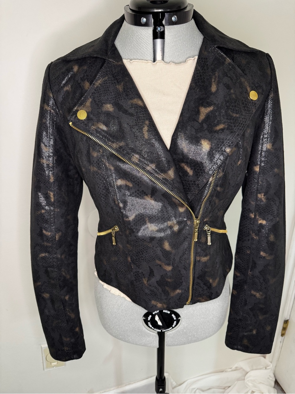 Rock & Republic Black Faux Leather Moto Jacket with Gold Hardware